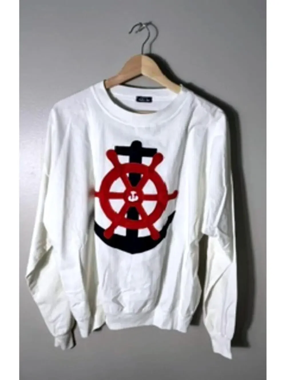 Fabric Art White Crewneck Sweatshirt with Nautical Anchor and Ship Wheel Design